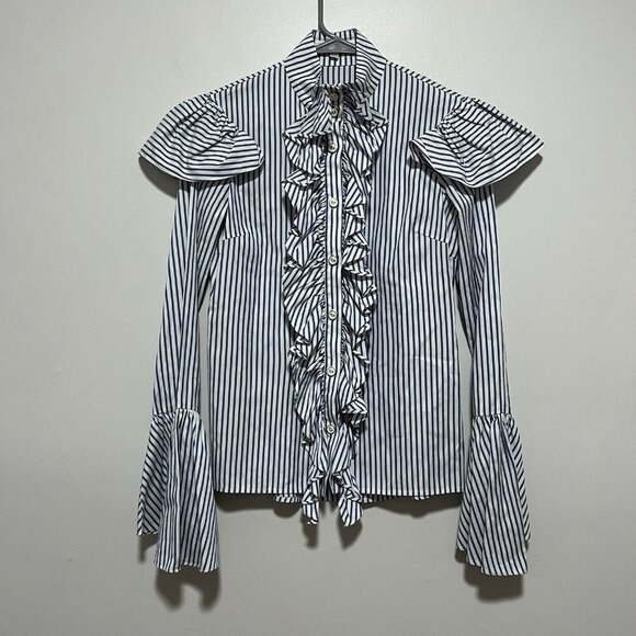 Caroline Constas Marla Blue Stripe Ruffle Button Down Blouse Size Small - Picture 3 of 9